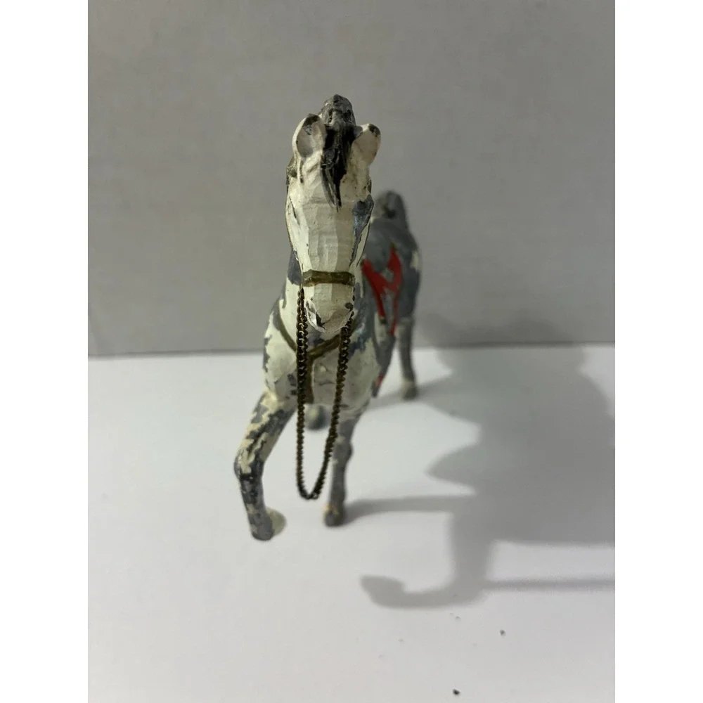 Vintage Cast Iron Horse Figurine Chain Reins Red Saddle Toy Gray White Pony